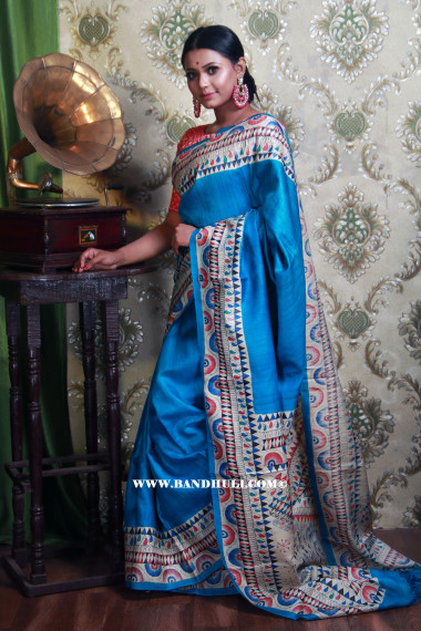 Sky Blue Madhubani Painted Tussar Saree